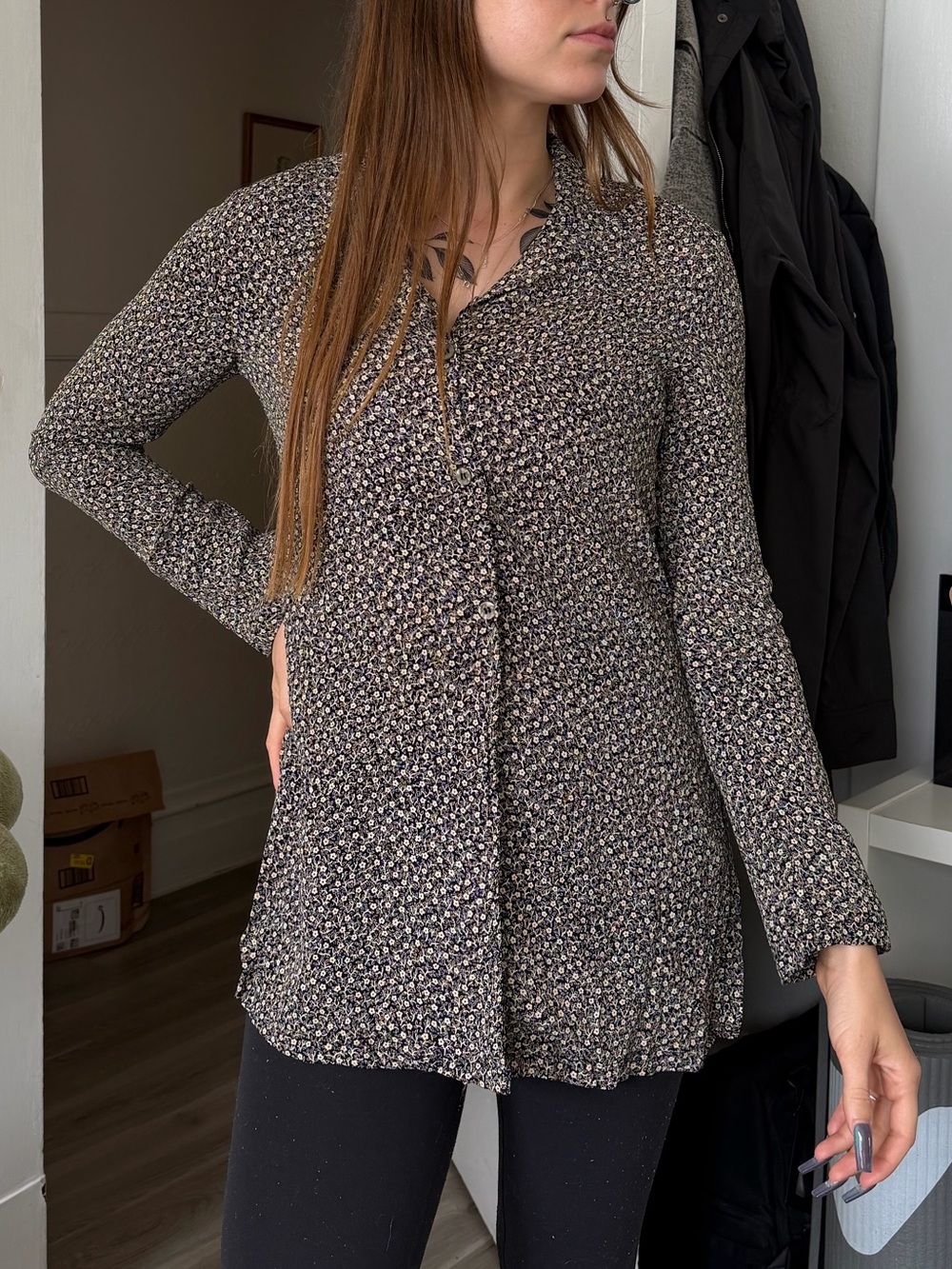 Club Monaco black and beige floral button-up blouse, size S